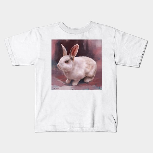 Painting of a Cute Fluffy White Rabbit on a Pink Shaded Background Kids T-Shirt by ibadishi